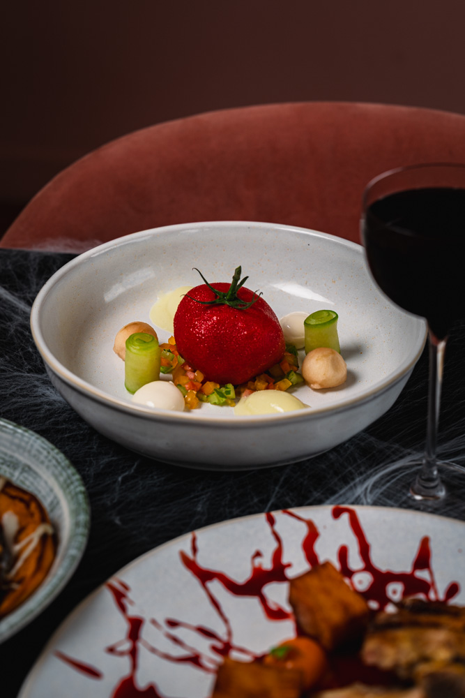 JOIA Battersea Halloween menu photography highlighting tomato mousse